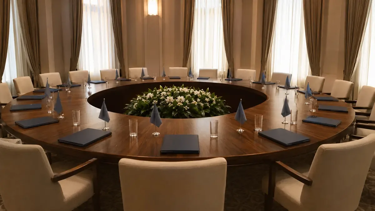 Mesa redonda de cumbre diplomática con sillas vacías y carpetas