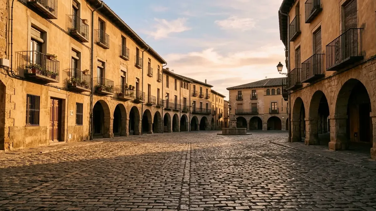 Plaza con fachadas italianas al atardecer
