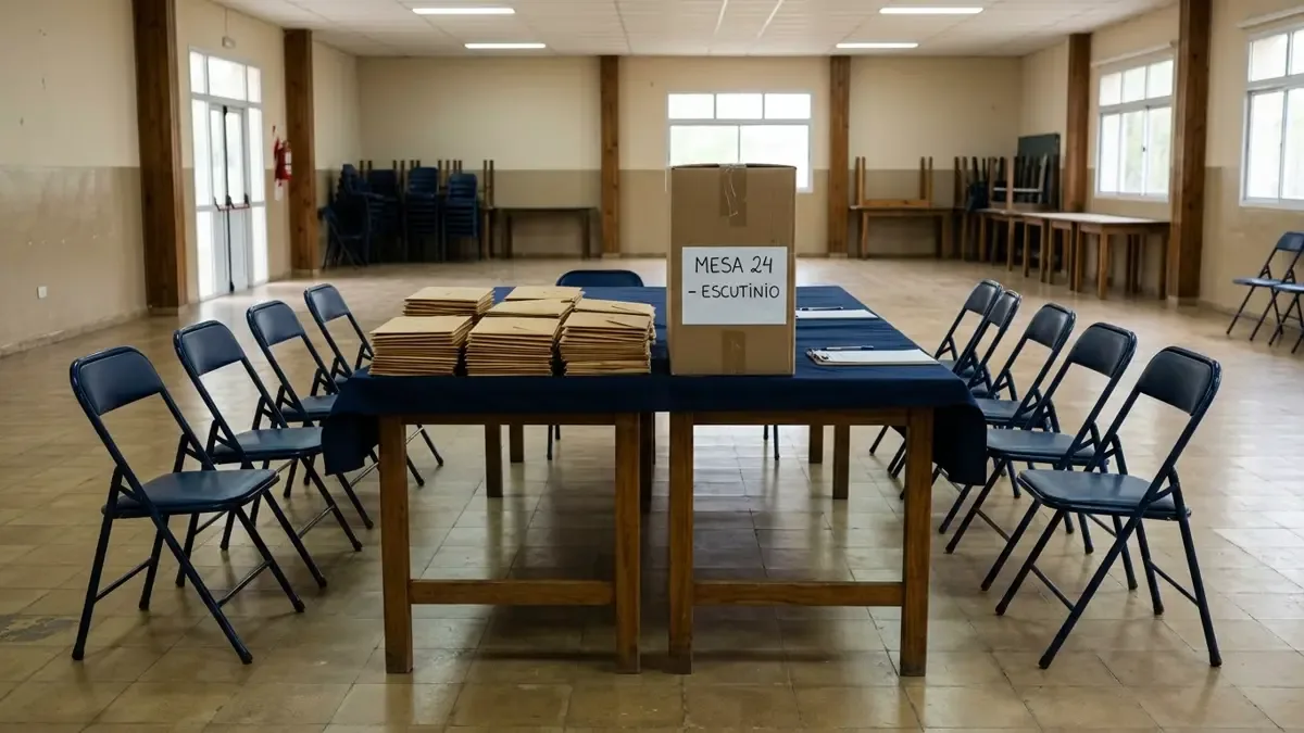 Mesa de escrutinio electoral vacía con sobres de votación lisos